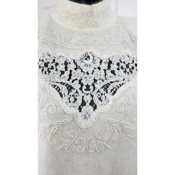 VTG SSG by Catharine Lover Ivory Lambswool Angora Sweater M Lace Beaded EUC - Picture 2 of 9